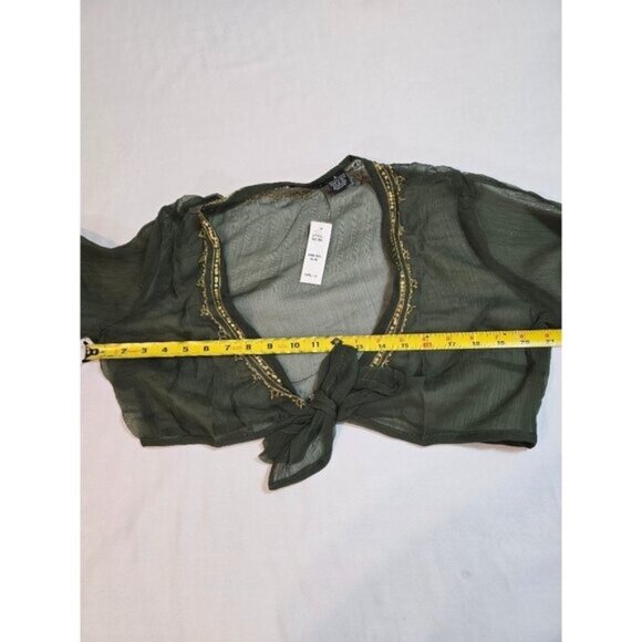 Olive Green Silk Chiffon top, cropped tie front by Magazine Size L New - Picture 11 of 13